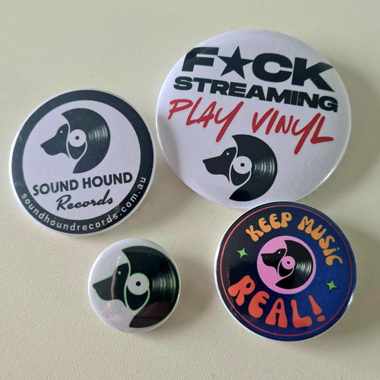 Sound Hound Records Vinyl Lover Badge Pack – 4 Metal Pinback Badges | Free Postage