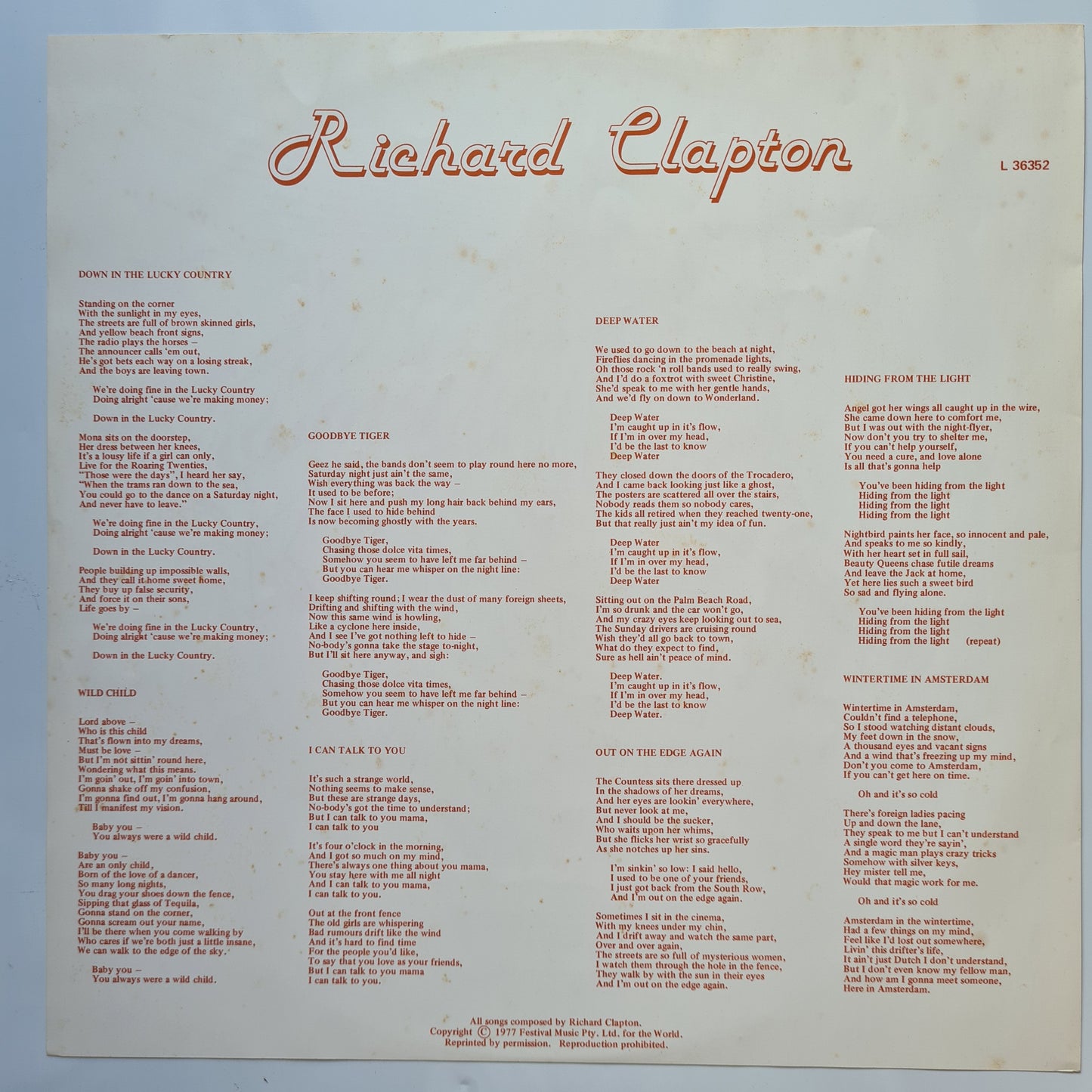 Richard Clapton – Goodbye Tiger - 1977 (Gatefold) - Vinyl Record LP