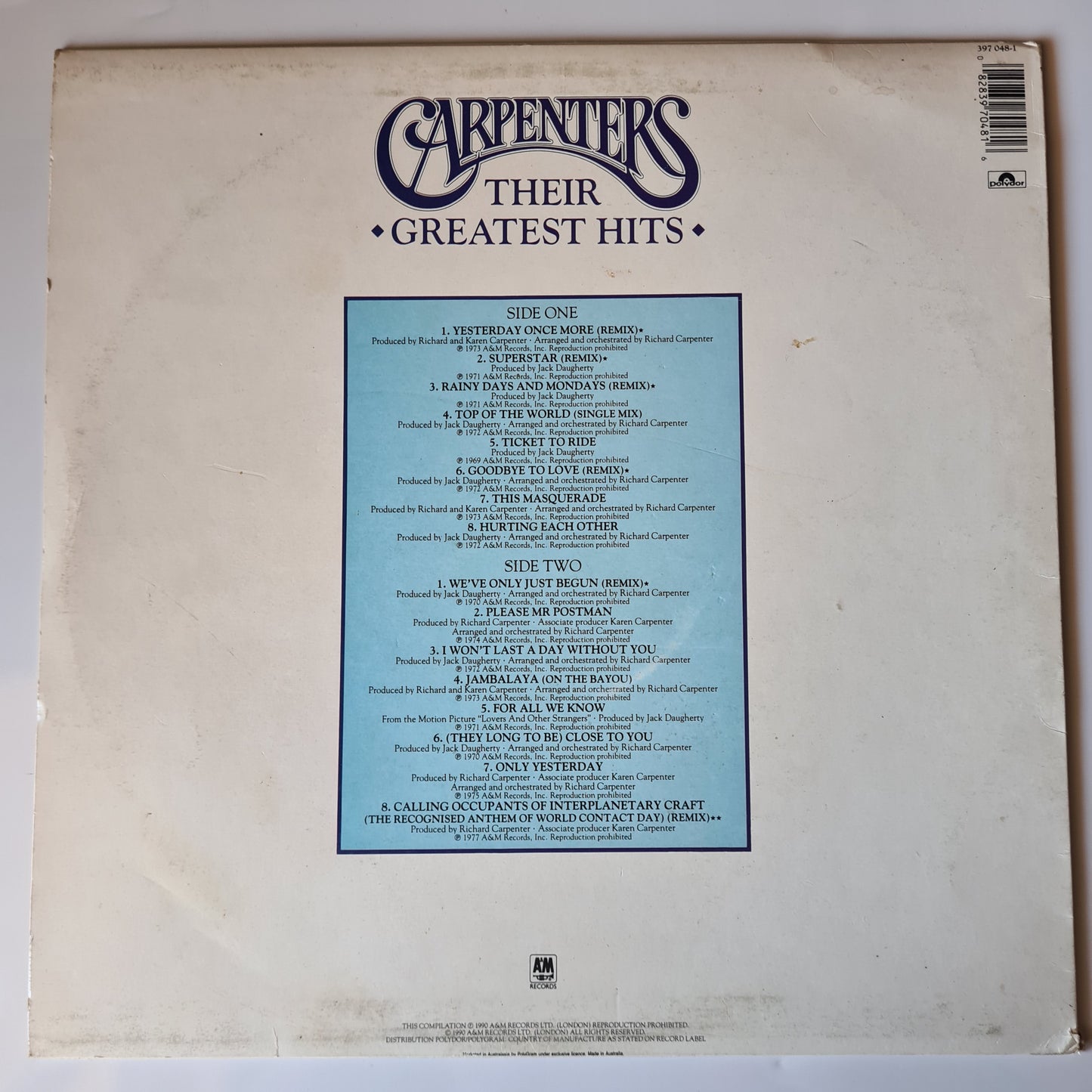 The Carpenters – Their Greatest Hits - 1990 - Vinyl Record LP (near mint)