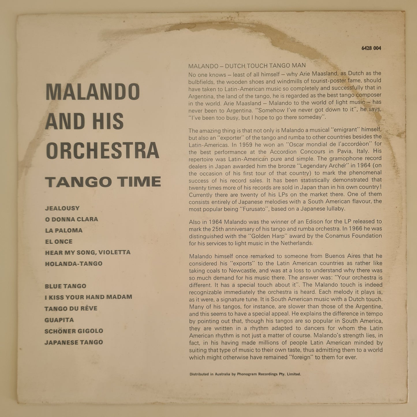 Malando And His Orchestra – Tango Time - Vinyl Record LP