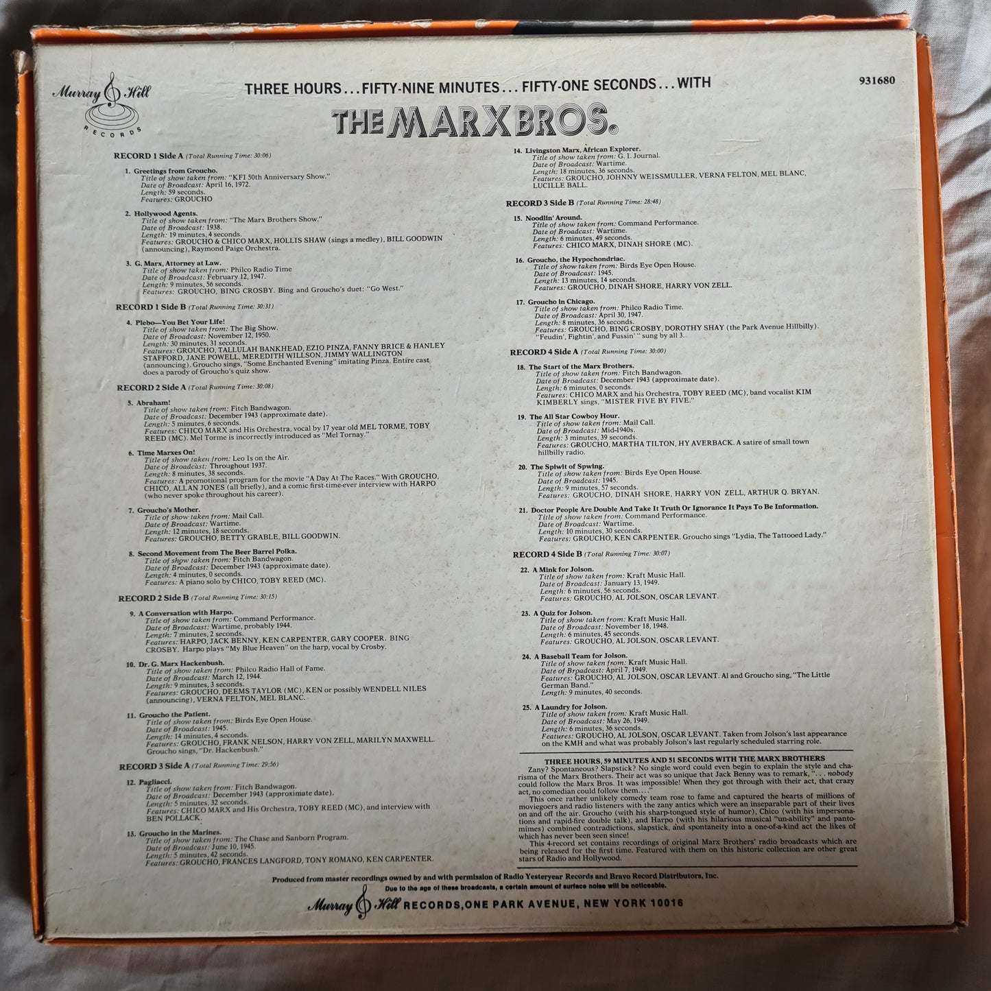 The Marx Brothers – Three Hours... Fifty-Nine Minutes... Fifty-One Seconds... With The Marx Brothers - 1974 - Vinyl Record 4LP BOX SET