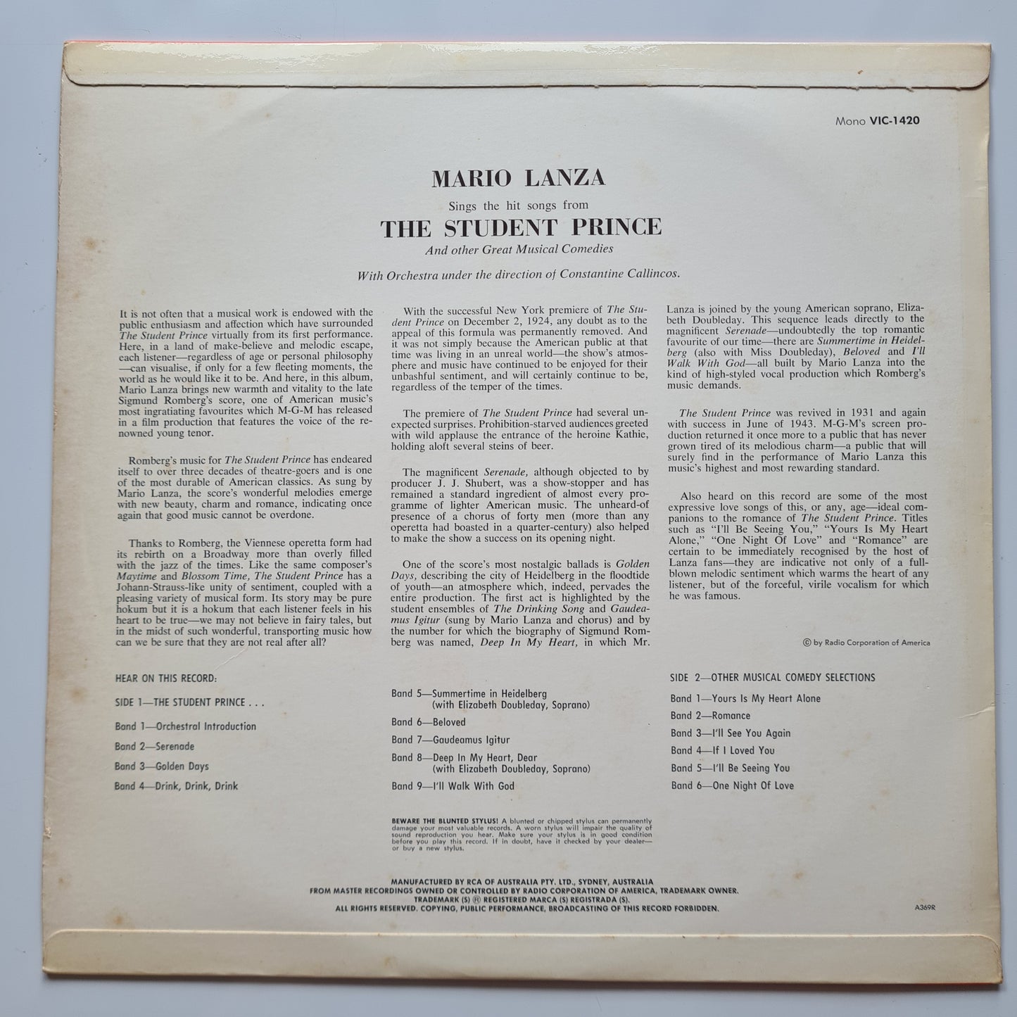 Mario Lanza – Sings The Hit Songs From The Student Prince And Other Great Musical Comedies - 1954 - Vinyl Record LP