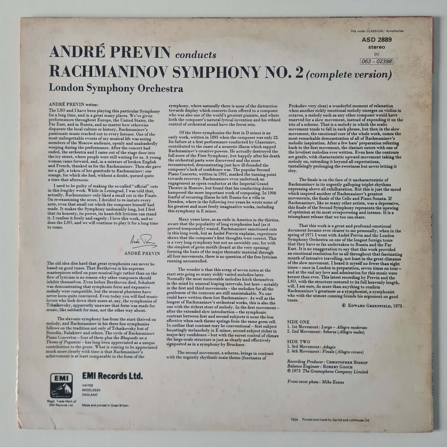 André Previn Conducts London Symphony Orchestra / Rachmaninov – 2nd Symphony (Complete Version) - 1973 (UK Pressing) - Vinyl Record LP