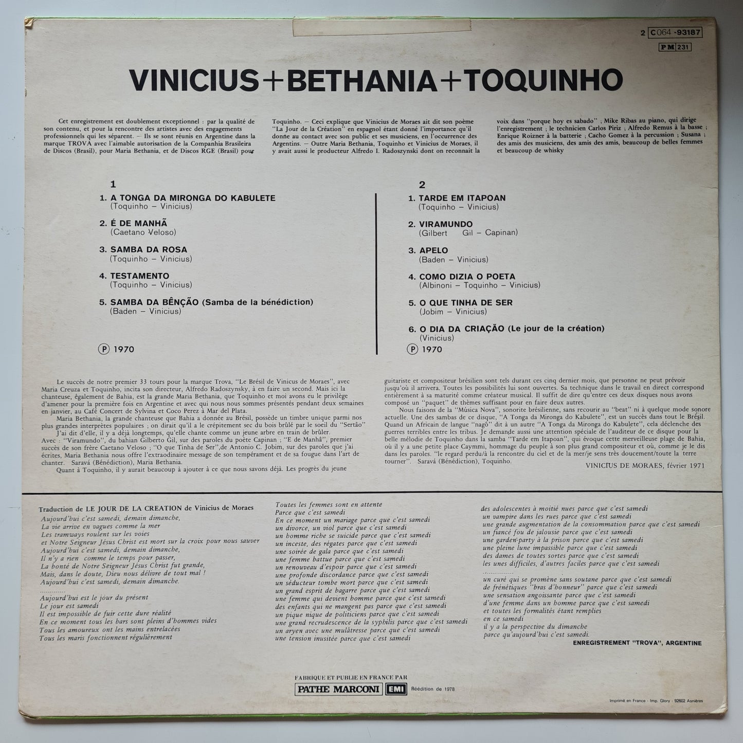 Maria Bethânia / Vinicius De Moraes / Toquinho –  Vinicius + Bethania + Toquinho - 1978 (French Pressing) - Vinyl Record LP 🇧🇷
