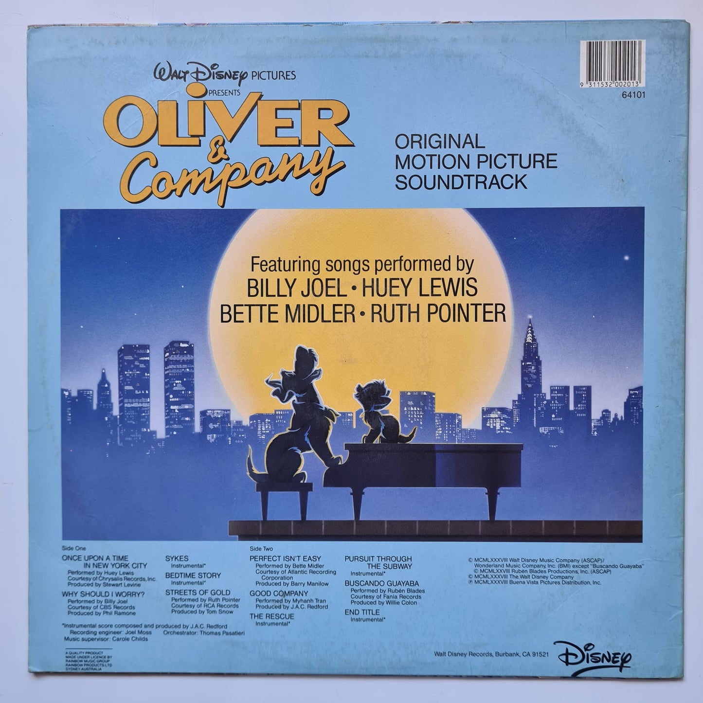Various (Billy Joel, Huey Lewis, Bette Midler, etc.) – Walt Disney Pictures Presents: Oliver & Company - 1988 - Vinyl Record LP