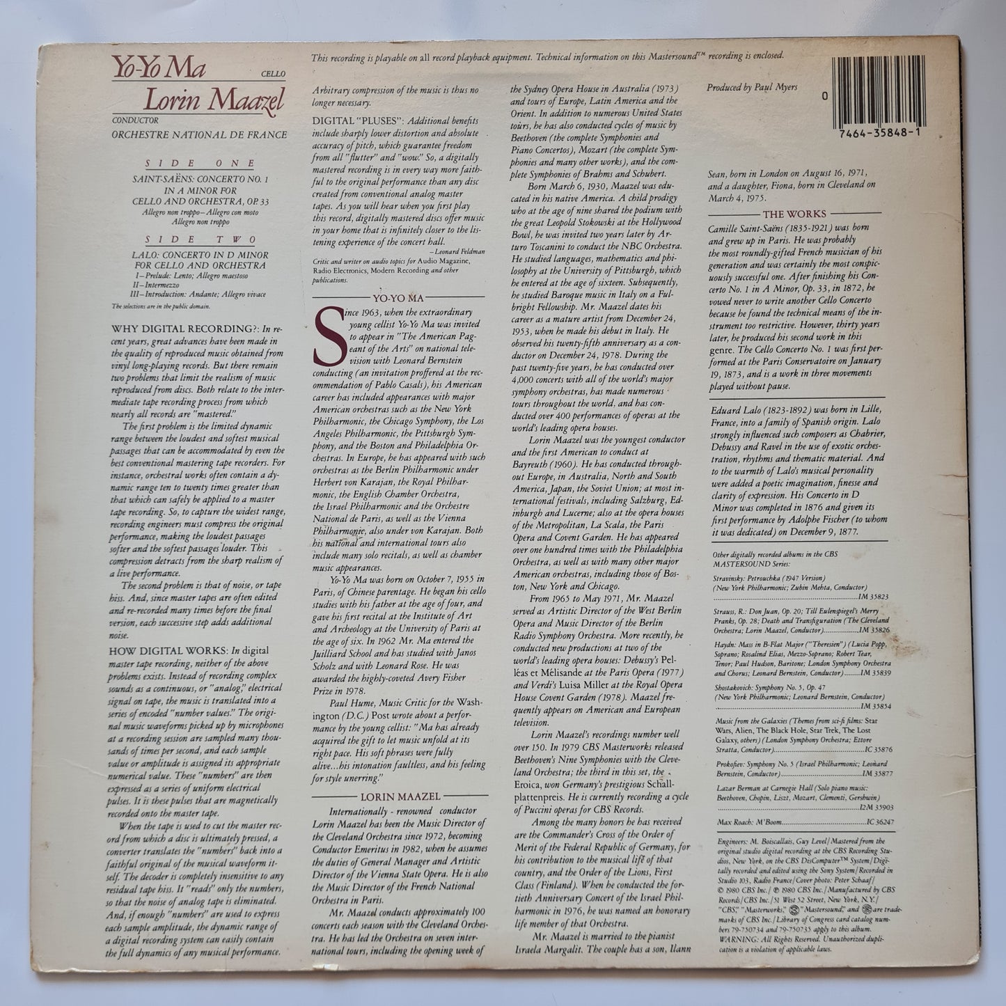 Yo-Yo Ma, Lorin Maazel, Orchestre National De France - Lalo* / Saint-Saëns – Cello Concertos - 1980 - Vinyl Record LP (Audiophile Pressing)