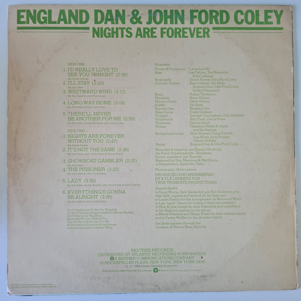 England Dan & John Ford Coley – Nights Are Forever - 1976 - Vinyl Record LP