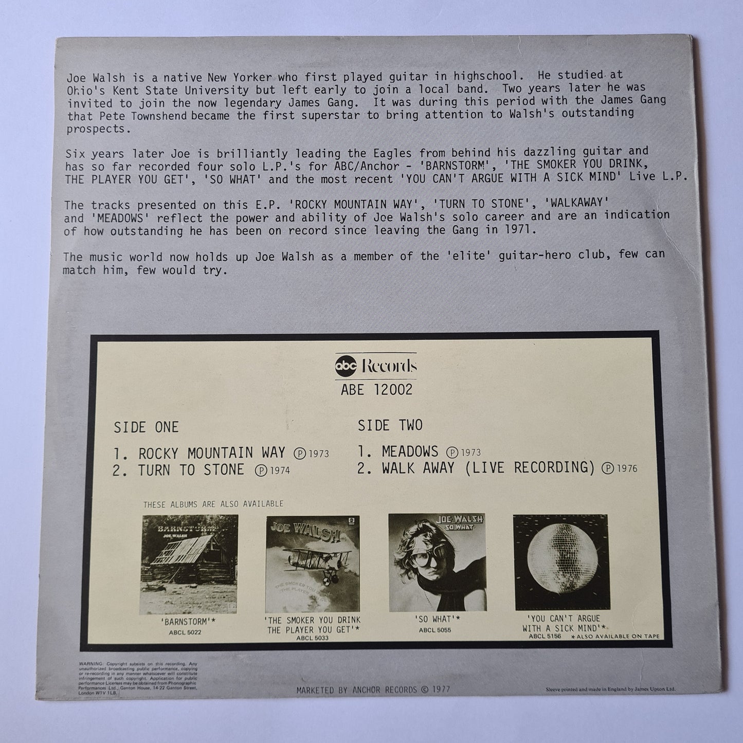 Joe Walsh (Eagles) – Four Tracks From Joe Walsh - 1977 - Vinyl Record EP - Sound Hound Records